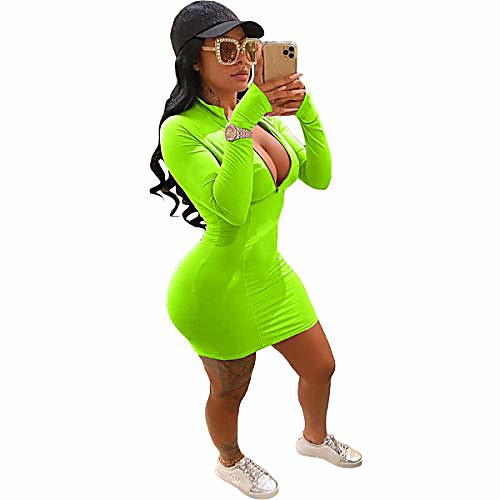 

womens sevy bodycon long sleeve front high neck zip-up slim mini dress plus size club outfits, x9257-green, small