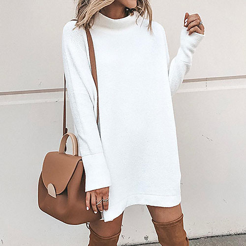 

Women's Sweater Jumper Dress Knee Length Dress White Black Gray Long Sleeve Solid Color Patchwork Fall Winter Round Neck Casual 2021 S M L XL XXL
