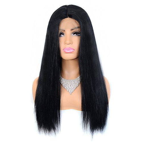 

YAKI Silk Front Lace Chemical Fiber Wig Headgear T-shaped Front Lace Headgear Micro Fluffy Mid-point 22 inch Black Long Hair Headgear