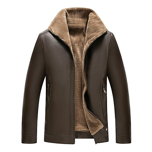

Men's Solid Colored Active Fall & Winter Faux Leather Jacket Regular Daily Long Sleeve PU Coat Tops Black