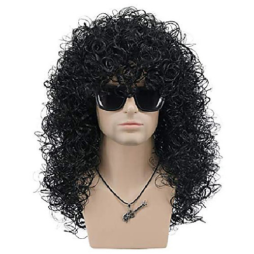 

mens long curly black hard 70s 80s rocker wig halloween costume cosplay wig (black)