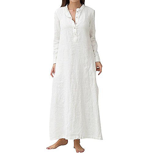 

women's cotton linen shirt dress, casual solid color long dress plain long sleeve maxi dresses white