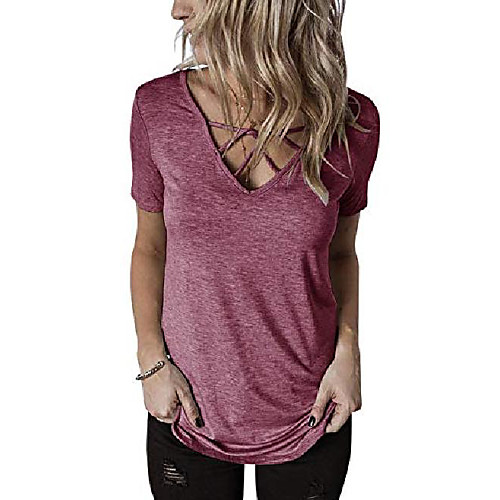 

womens summer short sleeve t shirts v neck tunic criss cross tops cute tees loose fitted henley workout shirts& #40;large,wine red& #41;