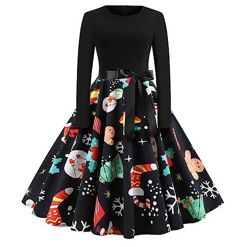 

Women's Swing Dress Knee Length Dress Black Long Sleeve Print Bow Print Fall Round Neck Vintage Christmas Cotton 2021 S M L XL XXL