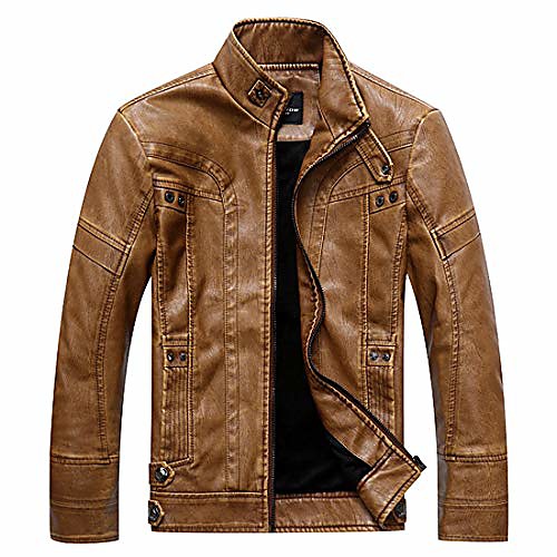 

men's lightweight faux jacket, vintage motorcycle stand collar outwear, brown