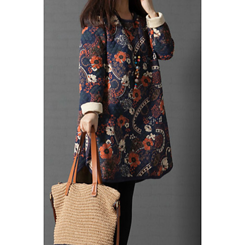 

Women's Shift Dress Knee Length Dress Dusty Blue Long Sleeve Floral Print Fall Spring Round Neck Vintage 2021 M L XL XXL