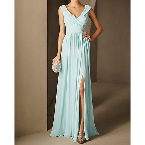 

A-Line Minimalist Elegant Engagement Formal Evening Dress V Neck Sleeveless Floor Length Chiffon with Pleats Split 2021