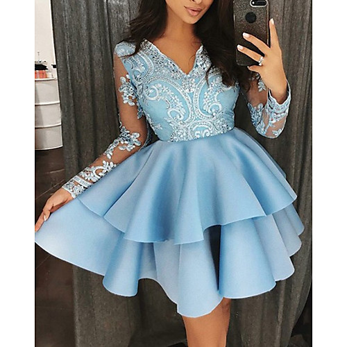 

A-Line Elegant Floral Engagement Cocktail Party Dress V Neck Long Sleeve Short / Mini Satin with Ruffles Tier Lace Insert 2021