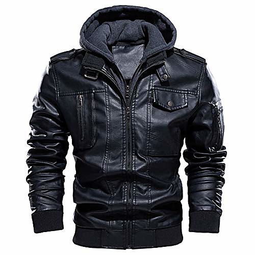 

men's faux jacket winter warm fleece lined motorcycle bomber jackets with removable hood black