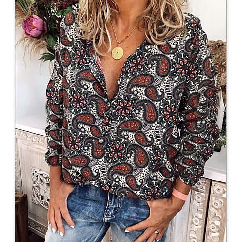 

Women's Plus Size Blouse Shirt Geometric Sexy Long Sleeve Shirt Collar Tops Cotton Basic Top White Black Gray