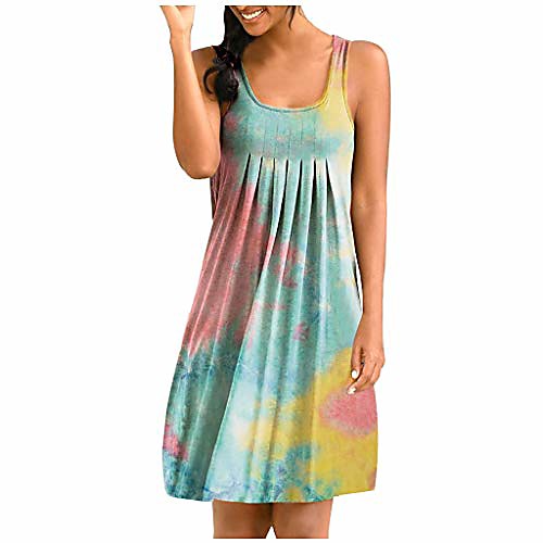 

women summer tank dress tie dye sleeveless crewneck casual loose flowy swing beach party mini tunic dress pink