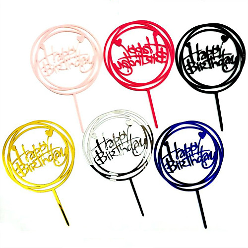 

Bithday Cake Topper Decorating Supplies Happy Birthday Stick Tag Plastic Double Mirror Circular Baking Decors Items 10pcs/pack