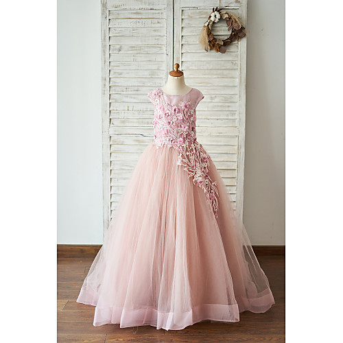 

Ball Gown Floor Length Wedding / Birthday Flower Girl Dresses - Lace / Tulle Sleeveless Jewel Neck with Lace / Pearls / Flower