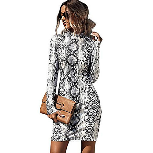 

women's snakeskin party club dress long sleeves bodycon pencil mini dresses black white-2 xl