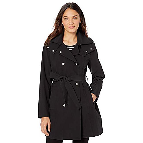 

women's stretchable rain-resistant trench coat with removable hood, black, x-large