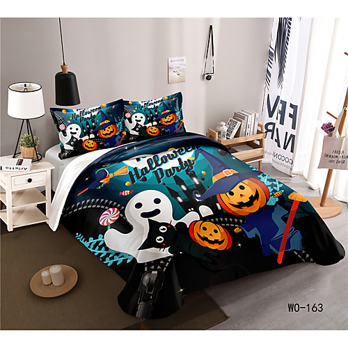 

Halloween Series Duvet Cover Set, Happy Halloween Pumpkins Skull Ghost Bones Bats Pennant Image, Decorative 2/3 Piece Bedding Set with 1 or 2 Pillow Shams, Full Queen King Size