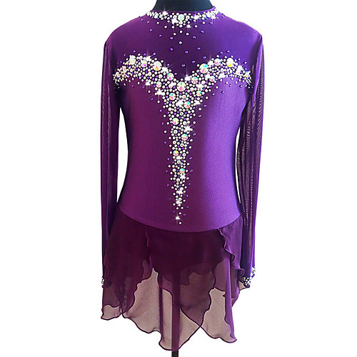 

Figure Skating Dress Women's Girls' Ice Skating Dress Purple Spandex High Elasticity Training Competition Skating Wear Patchwork Crystal / Rhinestone Long Sleeve Ice Skating Winter Sports Figure