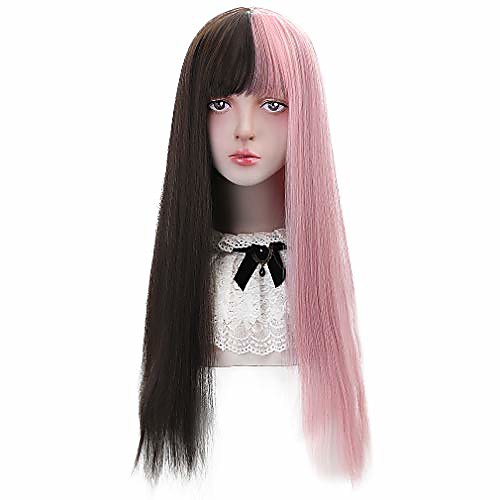 

half pink half black wig with bangs long straight cosplay wigs for women