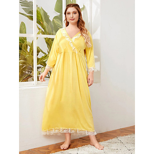 

Women's Swing Dress Maxi long Dress Yellow Long Sleeve Solid Color Lace Patchwork Fall V Neck Elegant 2021 XL XXL 3XL 4XL / Plus Size