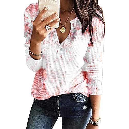 

Women's Blouse Shirt Tie Dye Long Sleeve V Neck Tops Basic Top Blue Blushing Pink