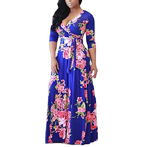 

womens long sleeve floral printed faux wrap self-tie swing maxi bohemian dress plus size blue