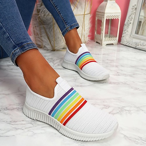 

Women's Trainers Athletic Shoes Flat Heel Round Toe Casual Minimalism Daily Running Shoes Tissage Volant Striped White Black Yellow