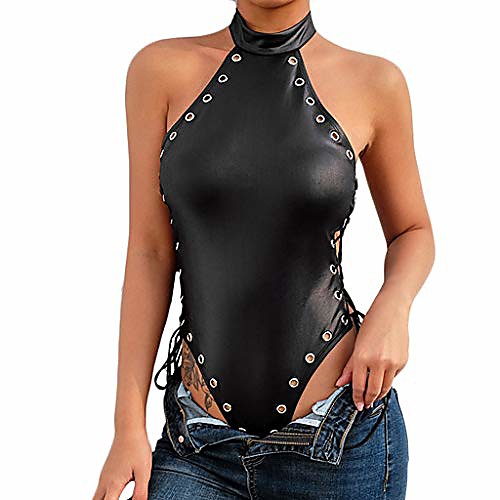 

women lingerie sexy rivet one-piece blackless bodysuit jumpsuit leather teddy g-string