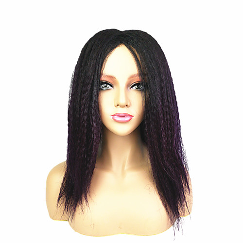 

Ombre kinky Straight Yaki Middle Part Wig Medium Length Dark Wine Black