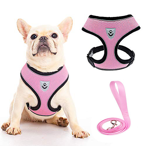 

dog harness with retractable leash set - reflective soft padded mesh walking vest no pull pink puppy harness and adjustable leash for small medium dogs puppies cats pets