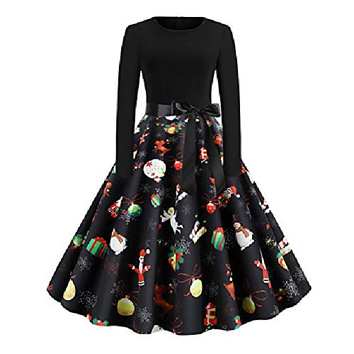 

women's christmas vintage dress elegant long sleeve print o neck xmas evening party swing dresses(164bl2,l-06)