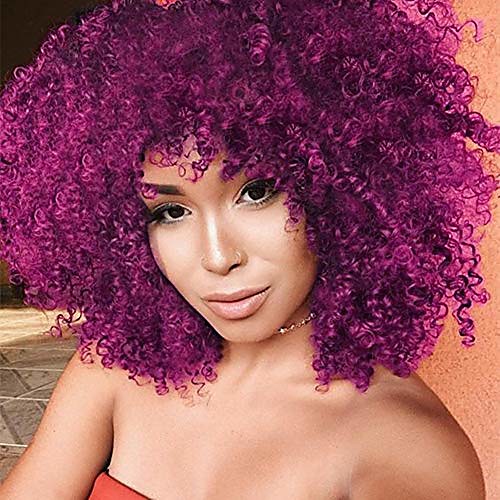 

short afro wig kinky curly wigs purple color heat resistant fiber synthetic gluless full wigs for black women