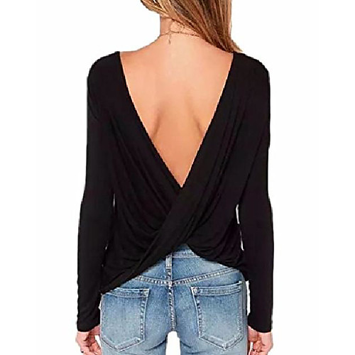 

women's loose backless long sleeve top blouse black xl