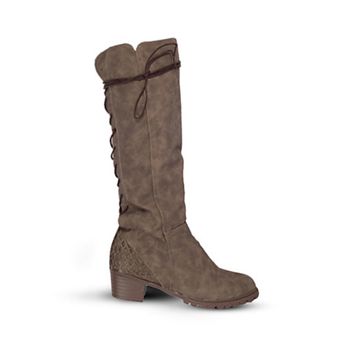 

Women's Boots Riding Boots Low Heel Round Toe Knee High Boots Vintage British Daily PU Lace-up Solid Colored Brown Gray / Mid-Calf Boots