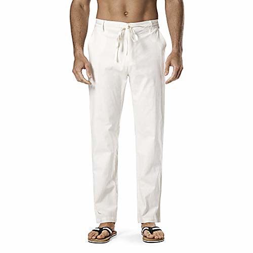 

men's Cotton pants drawstring pant elastic waist relaxed-fit casual Solid Color beach trousers