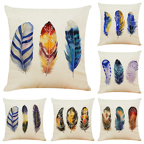 

Set of 6 Artistic Feather Linen Square Decorative Throw Pillow Cases Sofa Cushion Covers 18x18