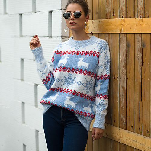 

Women's Basic Christmas Knitted Geometric Pullover Long Sleeve Sweater Cardigans Crew Neck Fall Blue Red Blushing Pink