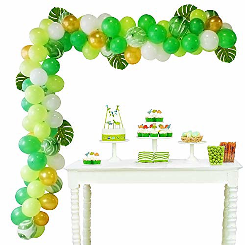 

balloon arch garland kit - 108 pieces, jungle theme party supplies balloons set with 100 latex balloons, 6 palm leaves, 1 roll balloon strip tape and 1 roll dot glue for kid birthday baby shower