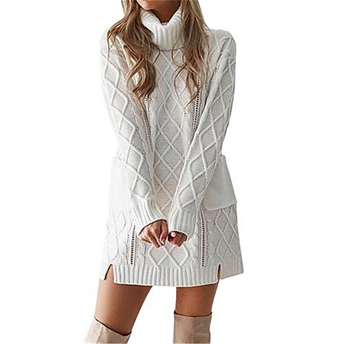 

Women's Sweater Jumper Dress Short Mini Dress White Black Khaki Gray Long Sleeve Solid Color Patchwork Print Winter Turtleneck Casual 2021 S M L XL