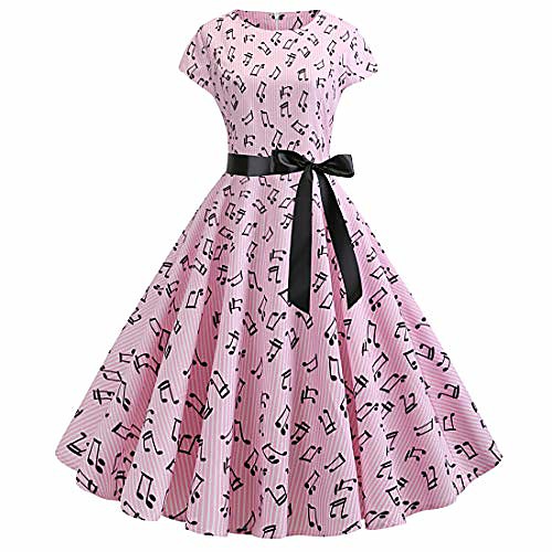 

women's cap sleeves music note print 1950s vintage dress pink 2xl