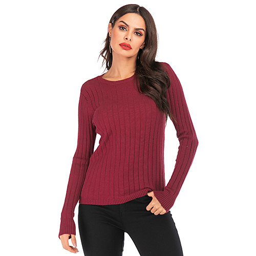 

Women's Knitted Solid Color Pullover Long Sleeve Sweater Cardigans Crew Neck Fall Black Wine Gray