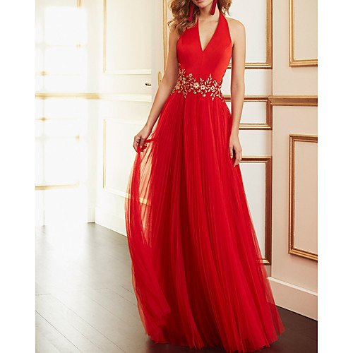 

A-Line Beautiful Back Sexy Wedding Guest Formal Evening Dress V Neck Sleeveless Floor Length Tulle with Sash / Ribbon Pleats Appliques 2021