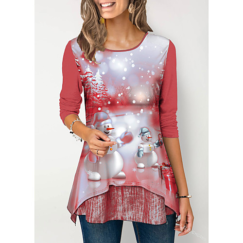 

Women's Christmas Tunic Snowflake Long Sleeve Print Round Neck Tops Basic Top Purple Red Green