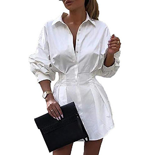 

womens sexy long sleeve button down cinched waist mini shirt dress white medium
