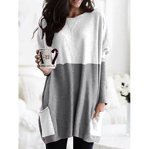 

Women's Plus Size Blouse Shirt Color Block Long Sleeve Pocket Round Neck Tops Basic Basic Top Blue Red Khaki