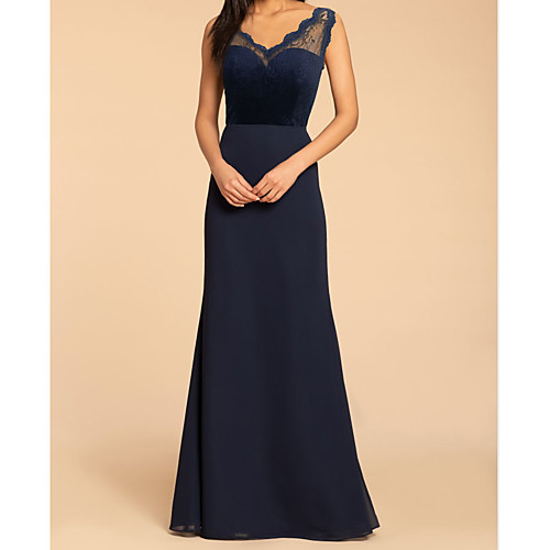 

A-Line V Neck Floor Length Chiffon / Lace Bridesmaid Dress with Appliques