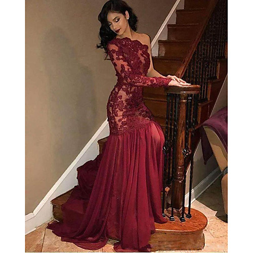 

Women's Swing Dress Maxi long Dress Red Long Sleeve Solid Color Lace Patchwork Fall One Shoulder Elegant Sexy 2021 S M L XL