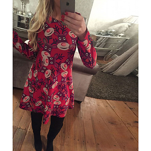 

Women's A Line Dress Short Mini Dress Black Red Green Long Sleeve Print Patchwork Print Fall Spring Round Neck Elegant Christmas 2021 S M L XL XXL