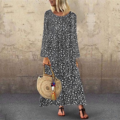 

Women's A Line Dress Maxi long Dress Black Dusty Blue Long Sleeve Print Patchwork Print Fall Spring Round Neck Casual 2021 M L XL XXL 3XL 4XL