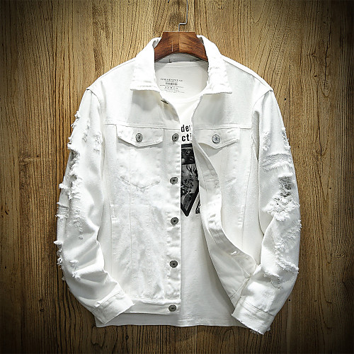 

men's distressed denim jacket casual ripped holes button down trucker jacket jean coat white, x-large