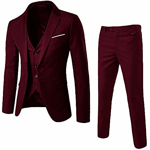 

men's 3 pieces suit elegant solid two button slim fit single breasted party blazer vest pants set (wine red, xxl)